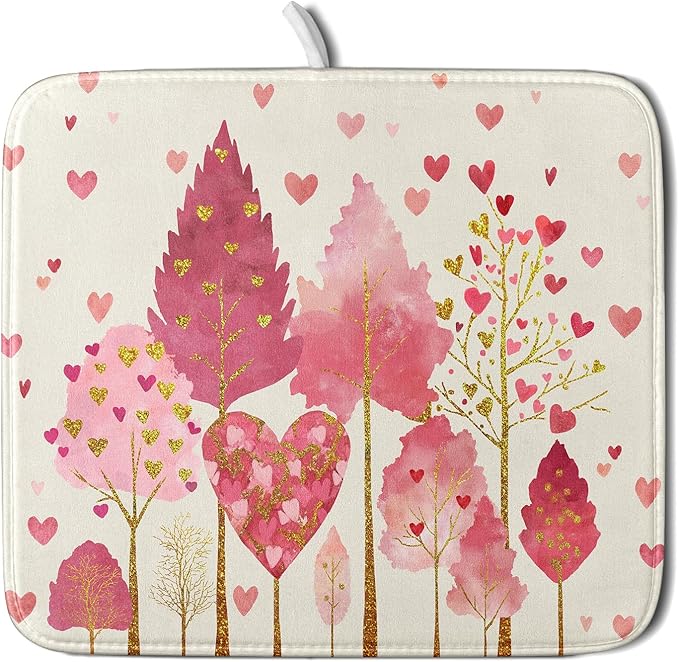 Valentines Day Pink Tree Dish Drying Mat for Kitchen Counter 18x16 Inch Heart Drying Mat with Absorbent Reversible Microfiber Love Dish Drainer Mats Rack Pad for Coffee Countertop Protector