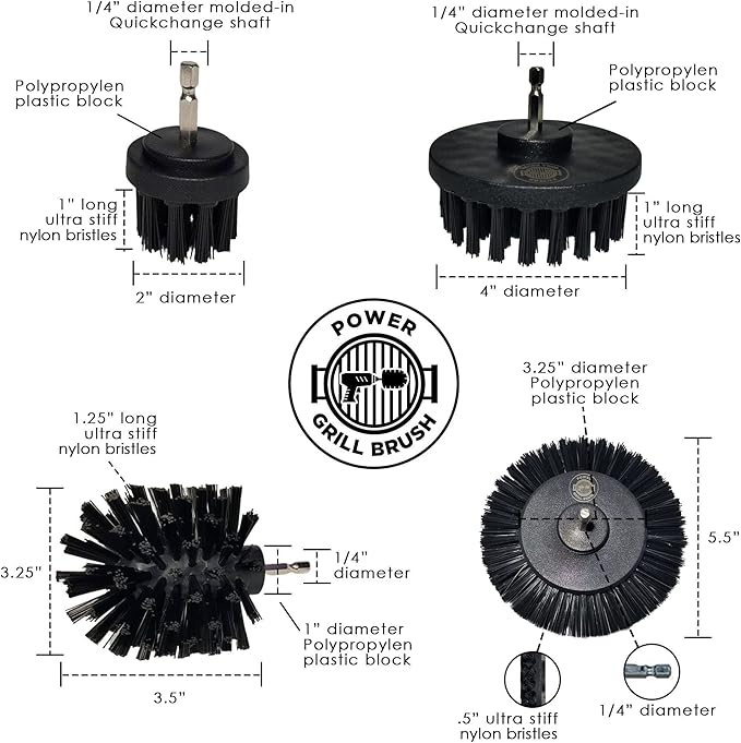 Power Grill Brush - Grill Brush 5 Piece BBQ Cleaning Kit - Nylon Safe Bristle, Wire Free, Safe for All Grates Stainless Steel, Porcelain, Charcoal Smoker Grill Cleaner Scraper, Accessories Outdoor