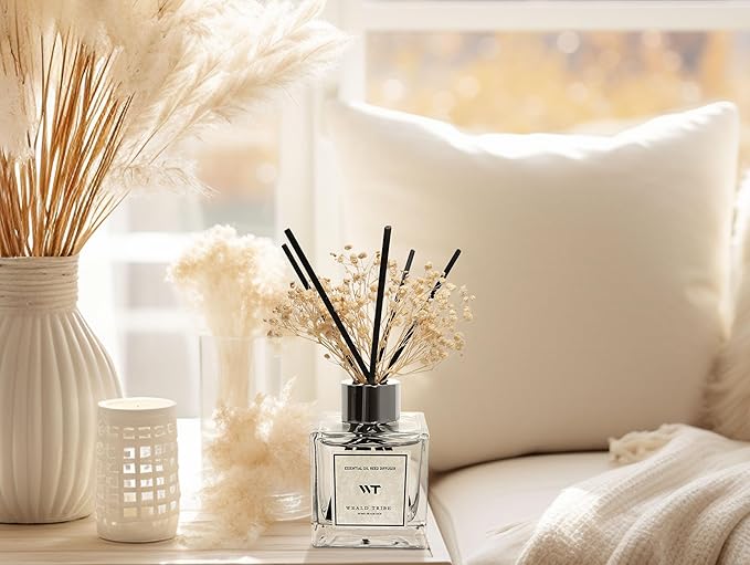 WEALD TRIBE Reed Diffuser Set Pure Cotton Scent for Bathroom Air Fresheners with Real Flower, Oil Diffuser Stick | 5.1 fl oz Home Fragrance with Sticks Defusers | House Bedroom Office Shelf Decor