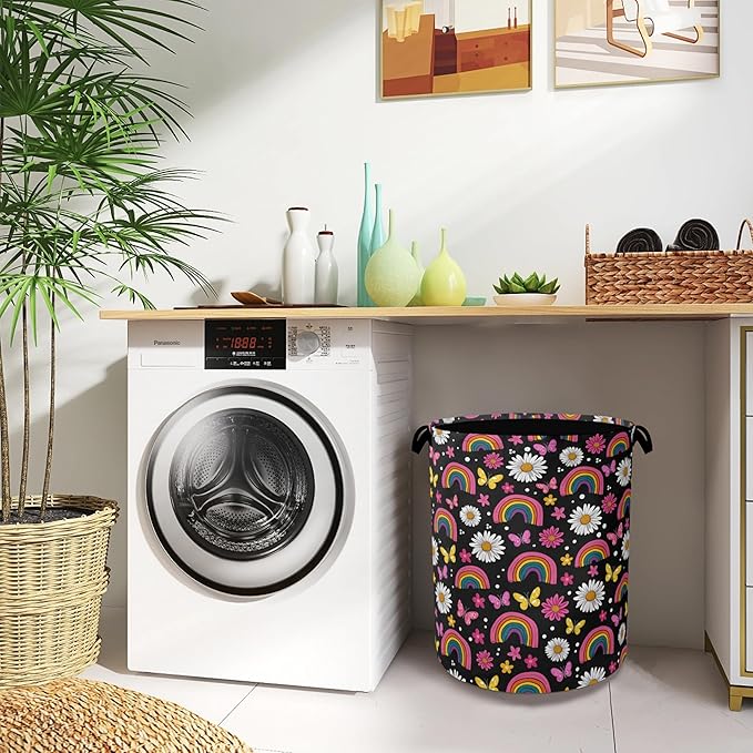 Rainbow Boho Butterfly Laundry Basket,Daisy Oxford Cloth Laundry Hamper with Handle Foldable Portable Clothes Storage Basket for Bathroom Bedroom Dorm Room 16" x 20.8"