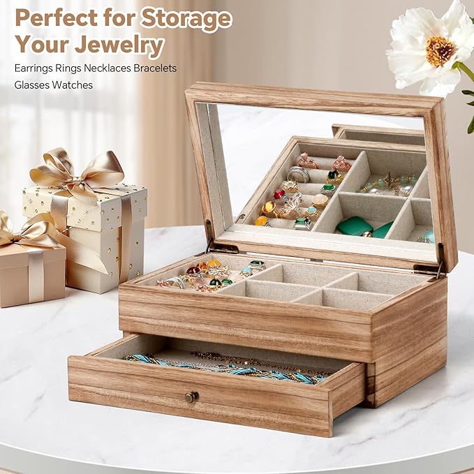 Meangood Jewelry Box Organizer for Women, 2 Layer Large Jewelry Storage Case, Rustic Wooden Jewelry Box with Mirror & Ring Tray for Necklace Earring Bracelets Rings, Vintage Style (Torched Wood)