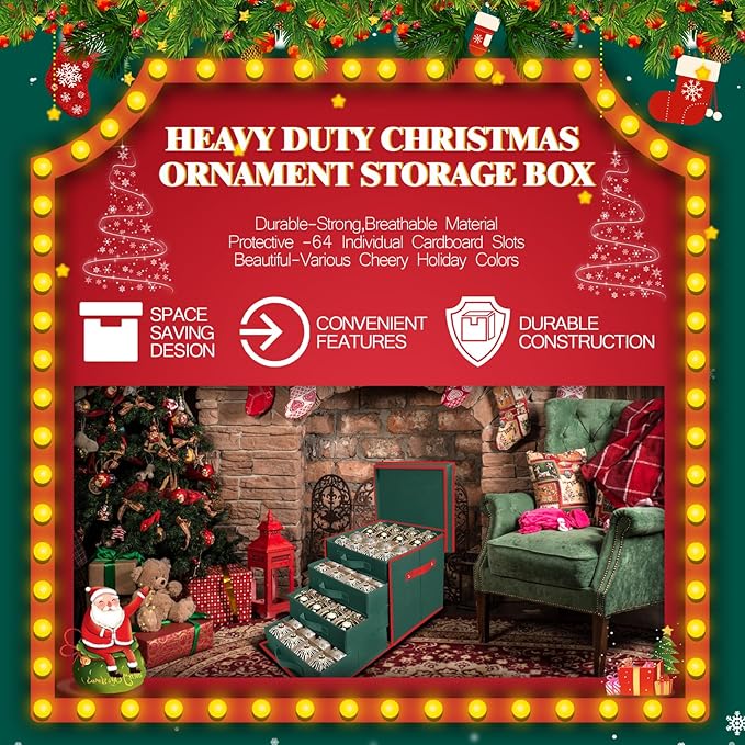 WDZREE Premium Large Christmas Ornament Storage,Box with Side Open, Drawer Style Trays - 3" Compartment, 4 Trays, Keeps 64 Holiday Ornaments -Made of Durable 600D Oxford Fabric Tear-Proof Material