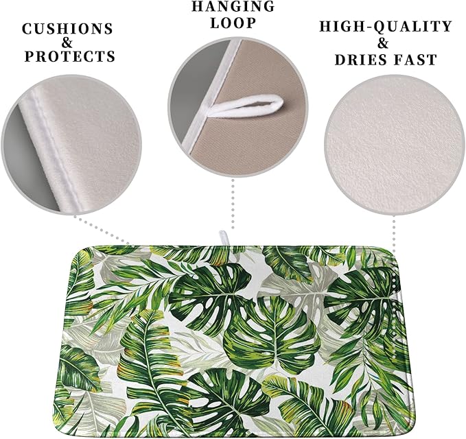 Kwlegh Tropical Palm Leaves Dish Drying Mat for Dishes 16x18 Inch Spring Green Monstera Leaf Drying Mat Watercolor Herbs Dish Drainer Mat Super Absorbent Dish Rack Pad for Coffee Bar Sinks