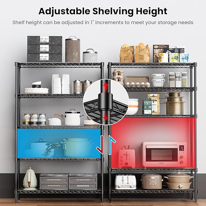 RackBro 45" W Storage Shelves 5 Tier Wire Shelving, Adjustable Metal Shelving Unit with Shelf Liners, 1875LBS Heavy Duty Storage Rack for Garage Pantry Kitchen Commercial, 45" W x 16" D x 72" H, Black