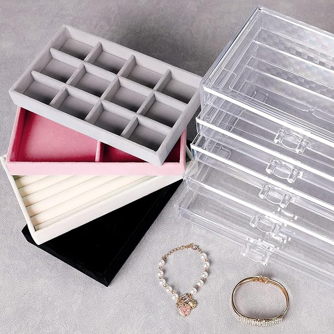 Frebeauty Extra Large Acrylic Jewelry Box for Women 5 Layers Clear Jewelry Organizer Velvet Earring Box with 5 Drawers Rings Display Case Necklaces Holder Tray for Women Girls(Pink)