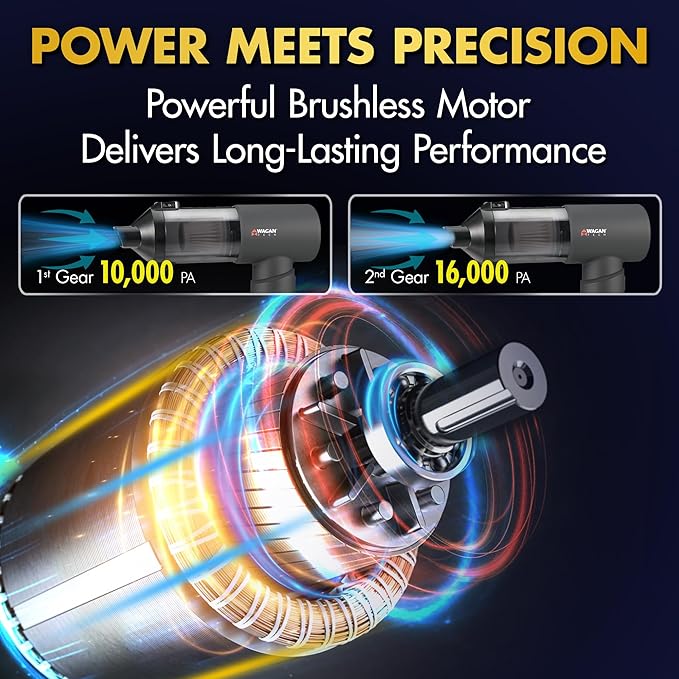 Wagan EL7209 Cordless Car Vacuum with Air Blower, Brushless Motor 16000Pa Strong Suction, Rechargeable Mini Handheld Vacuum Cleaner with USB-C, Portable Dust Cleaner and Blower for Car, Home, Office
