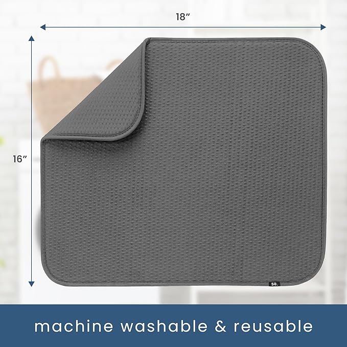 S&T INC. Dish Drying Mat, 16” x 18”, Absorbent Microfiber Kitchen Counter Mat, Drying Pad for Dishes, Utensils, Pots and Pans, Large, Diamond Texture, Grey