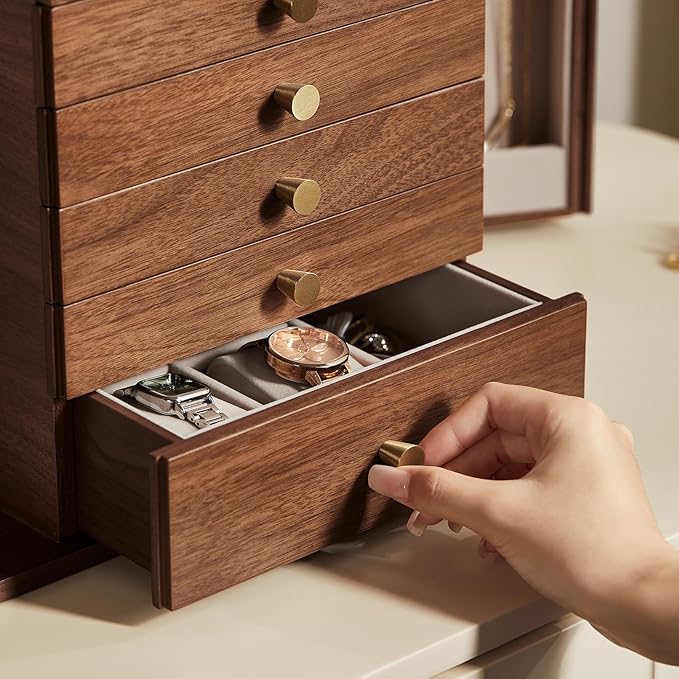 Black Walnut Wooden Jewelry Box, Wood Jewelry Organizer with 2 Side Doors Mirror Lockable Classical Style for Watch Necklace Ring Earring Storage Valentine's Day Gifts-6 Layer