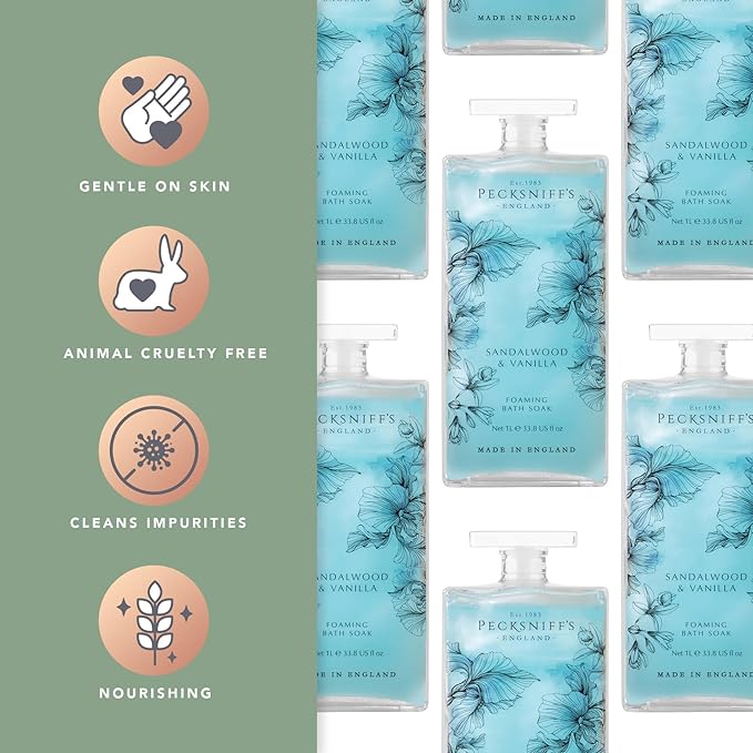 Pecksniff’s Sandalwood & Vanilla Foaming Bath Soak – Luxury Bubble Bath, 1L / 33.8 fl oz, Made in England