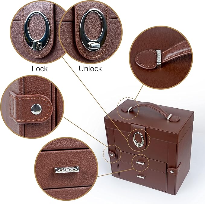 Kendal Jewelry Box for Women, Leather Jewelry Organizer with 2 Drawers and Mirror, Portable Travel Case for Necklace, Ring, Jewelry LJC08BRN