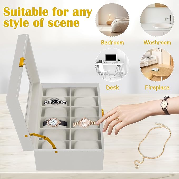 Ogrmar 12 Slot PU Leather Lockable Watch Storage Boxes, Men & Women Jewelry Display Drawer Case, 2-tier Organizer Watch Showcase with Glass Lid (White)