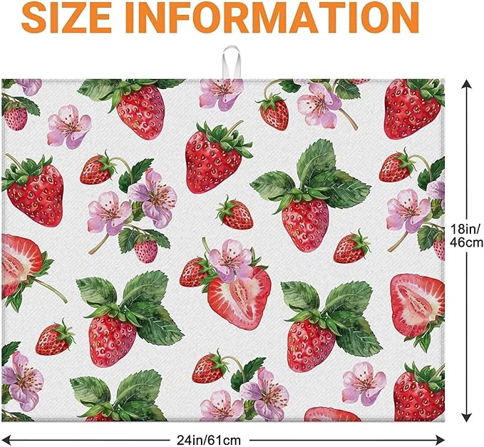 Dish Drying Mat For Kitchen Counter, Cute Watercolor Strawberries Microfiber Absorbent Dish Drainer Rack Pad Reusable Large 18x24in Drying Mat