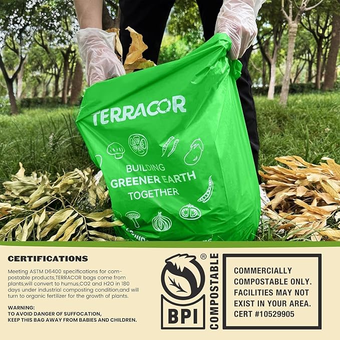 TERRACOR 13 Gallon Compostable Trash Bags, 40 Bags Compost Bags for Countertop Bin, Camping Toilet Bags for Portable Toilet, BPI Certified and Meet The ASTM D6400 Standard