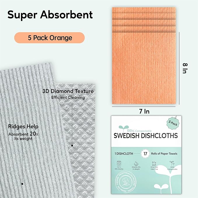 Auggee Swedish Dishcloths for Kitchen, 5 Pack Swedish Dish Cloths, Ultra Absorbent Reusable Paper Towels, Cellulose Sponge Cloths, Quick Drying, No Odor, Dishwasher Safe Orange