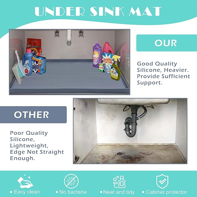URMONA Waterproof Silicone Under Sink Mat 28'' x 22'' Shelf Liner for Kitchen and Bathroom, Cabinet and Counter Protector, Storage and Organizers, Litter Mat, Pet Cat Puppy Essentials(Dark Grey)