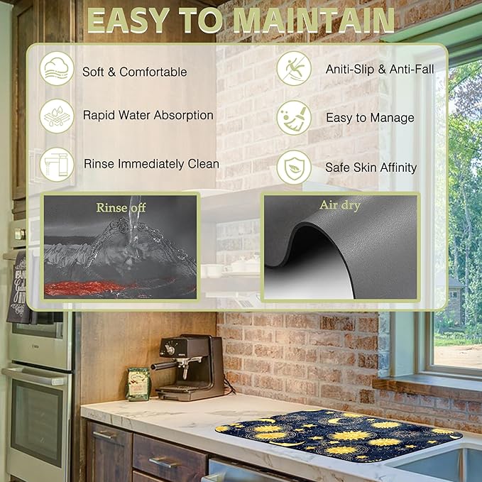 Dish Drying Mat Colorful Textile Sun Moon Stars Kitchen Mat 12"x19" Bsorbent Coffee Maker Mat for Dishes Utensils Coffee Maker Pots and Pans Easy Clean Dish Slip Resistant Pad