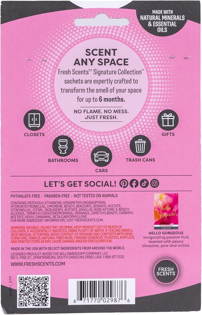 Fresh Scents Scented Sachets | Hello Gorgeous | Home Fragrance | Long Lasting (Up to 6 Months) | Air Freshener for Closets, Drawers, & Cars | 6 Pack