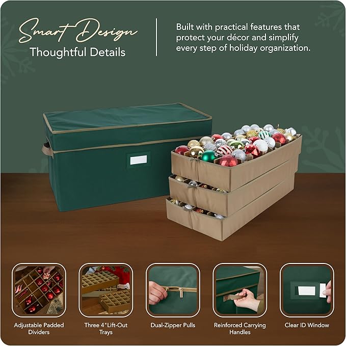 Covermates Keepsakes Adjustable Ornament Storage Box – Heavy-Duty Polyester, Padded Dividers & FlexGrid Trays – Protective Holiday Organizer with Stackable Walls & Label Window, Green