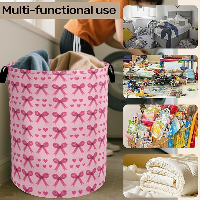 Pink Bow Laundry Hamper - Pink Laundry Basket with Handles, Space Saving Foldable Design for Nursery, Dirty Clothes Storage Basket for Women Girls