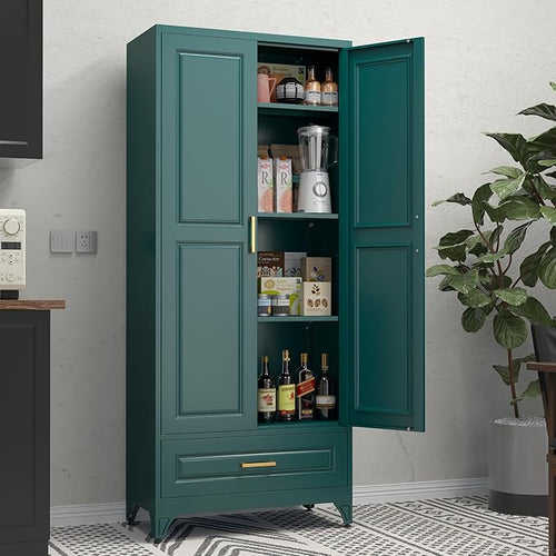 75" Tall Metal Storage Cabinet, Kitchen Pantry Storage Cabinets with Doors and 3 Shelves, Food Pantry Cabinet with Drawer, Utility Kitchen Cupboard, Large Steel Cabinets for Dining, Green