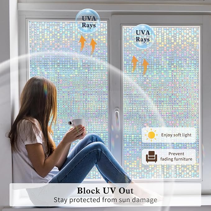 Privacy Window Film Stained Glass Non-Adhesive Rainbow Window Film Home Decorative Vinyl Static Cling Window Stickers Window Covering for Glass Door Bedroom Office