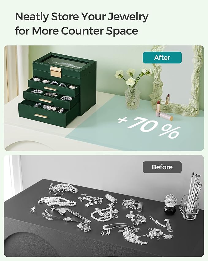 SONGMICS Jewelry Box Organizer with Glass Lid, 4-Layer Jewelry Storage, with 3 Drawers, Modern Style, 6 x 9.9 x 8.5 Inches, Forest Green and Gold Color UJBC161G01