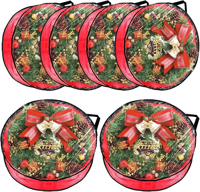 6 Pack Wreath Storage Container Bag 30 Inch Christmas Wreath Storage Bag Heavy Duty Christmas Wreath Boxes with Clear Window for Xmas Holiday Seasonal Wreath Garland(Red)