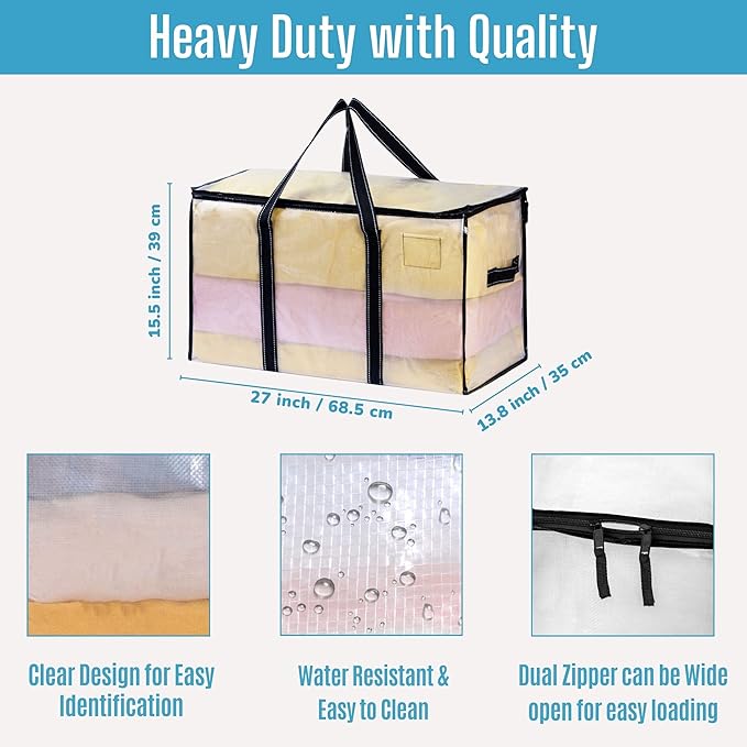 VENO 8 Pack Moving Bags & Large Christmas Storage Bins with lids for Decorations, Garland, Lights. Moving Boxes Packing Supplies for College Dorm. Extra Large Heavy Duty Totes (Clear-8 Pack)