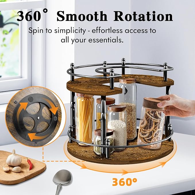 SYNAMENO 2 Tier Lazy Susan Organizer Turntable for Cabinet U-Shape Spinning Makeup Organizer 11.8" Rotating Spice Rack Height Adjustable, Pantry, Kitchen Countertop, Party, Bedroom