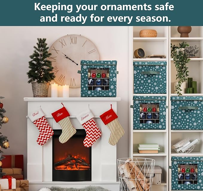 Christmas Ornament Storage Box, Green Snowflakes Christmas Ornament Boxes Storage, Fits 83 Christmas baubles 3cm-8cm, suitable for Holiday Ornaments - 600D Oxford Christmas Ornament Organizer
