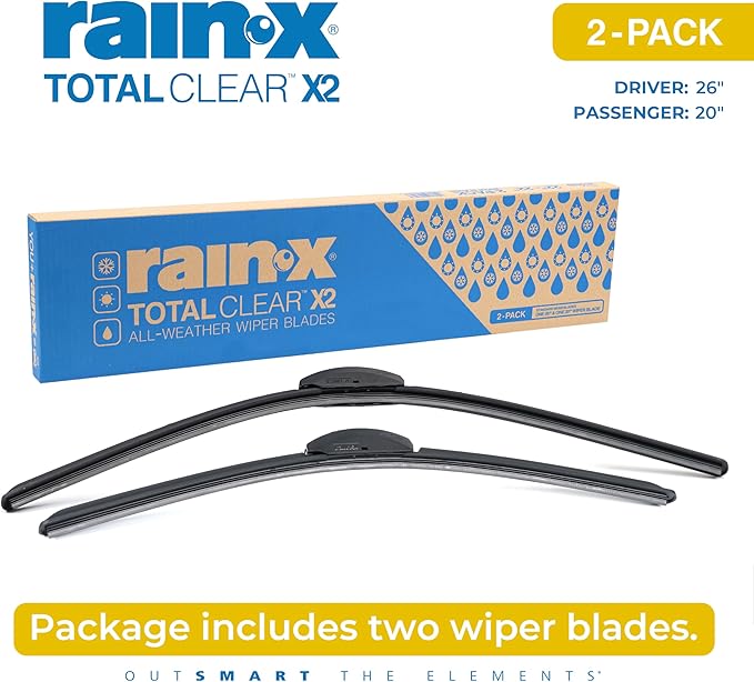 Rain-X 810335 Total Clear Beam Wiper Blades 26" & 20" Windshield Wipers for All-Weather Performance, Rubber Squeegee for Smooth Clean Wipe & Quiet Operation - 2 Pack Value