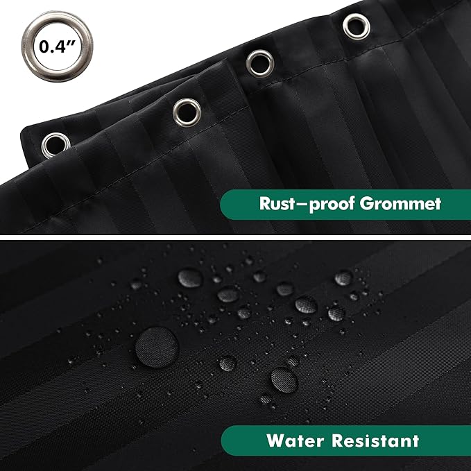 Biscaynebay Fabric Shower Curtain or Liner 72" by 72", Black Water Repellent Damask Stripes Bathroom Curtains Machine Washable