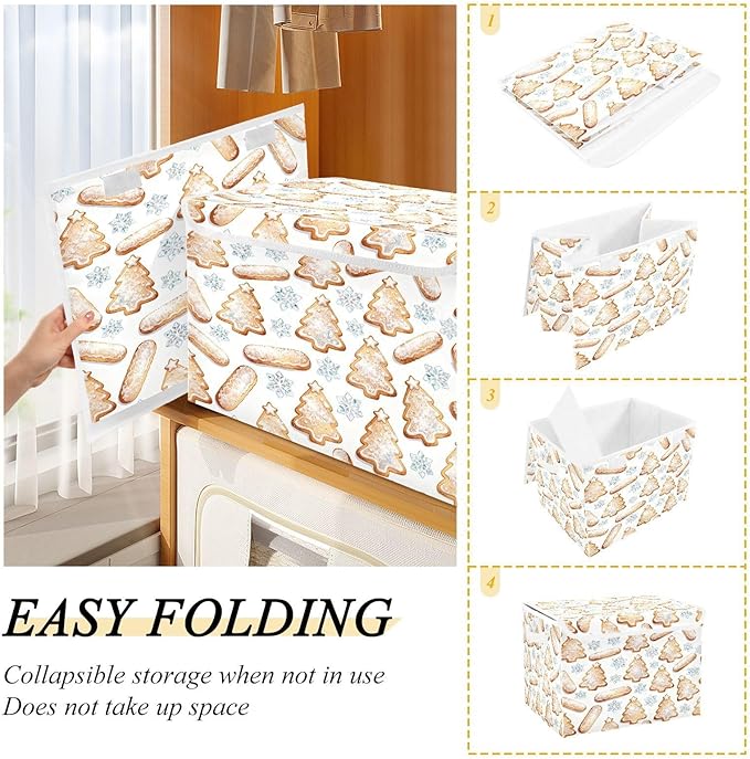 Christmas Tree Cookies Snowflakes Storage Bins with Lids Foldable Storage Basket with Handles Collapsible Large Fabric Organizer Containers for Clothes Shelves Closet Office Home