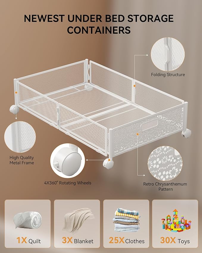 Under Bed Storage with Wheels, Foldable Pattern Carved Metal Under The Bed Storage, Tool-Free Assembly Underbed Storage, 60L Underbed Storage for Bedroom Clothes Blankets Shoes Toys