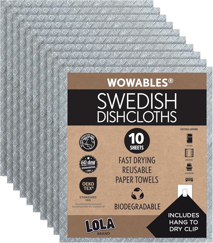 LOLA Swedish Dishcloths for Kitchen 10 Sheets, Biodegradable & Compostable Reusable Paper Towel Cleaning Cloths Zero Waste No Odor Washing Dishes Ultra Absorbent Cellulose Sponge Towel Made in Germany
