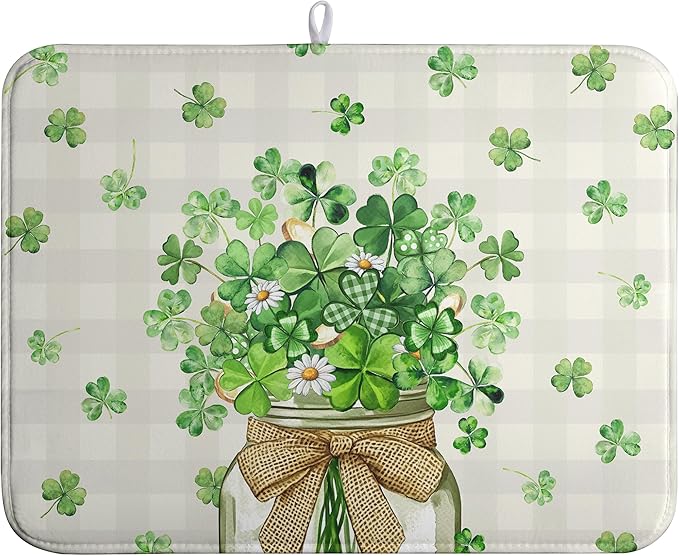St Patricks Day Shamrock Dish Drying Mat Green Spring Kitchen Dishes Drying Pad Absorbent Dish Dryer Mats for Kitchen Countertops Microfiber Washable Large18x24 in