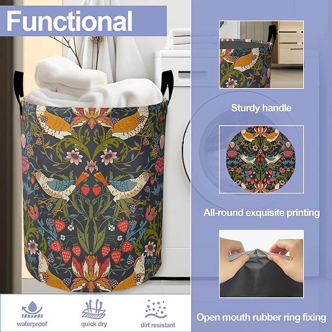 Laundry Basket, William Morris Floral Oxford Cloth Laundry Hamper With Handle Foldable Portable Clothes Storage Basket Storage Bag For Laundry Room/Bathroom/Bedroom/Dormitories