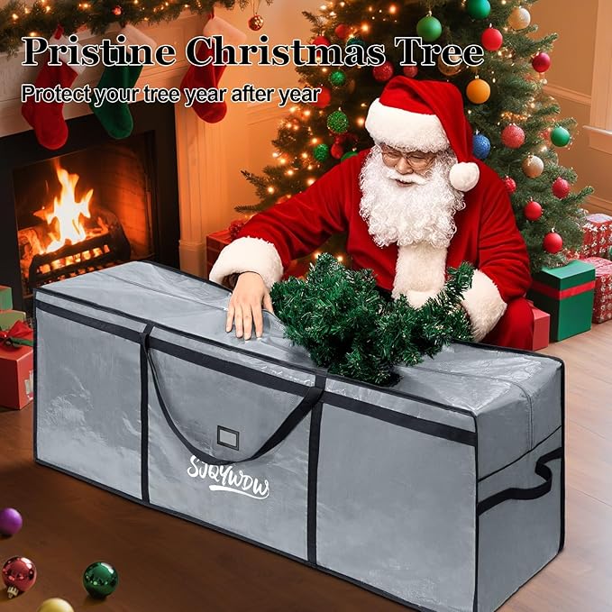 Christmas Tree Storage Bag 9ft, Heavy Duty Artificial Xmas Bag with Reinforced Handles, Dual Zippers Wide Opening, Two Mesh Pockets, PE Large Storage Container for Decorations Trees (Grey)
