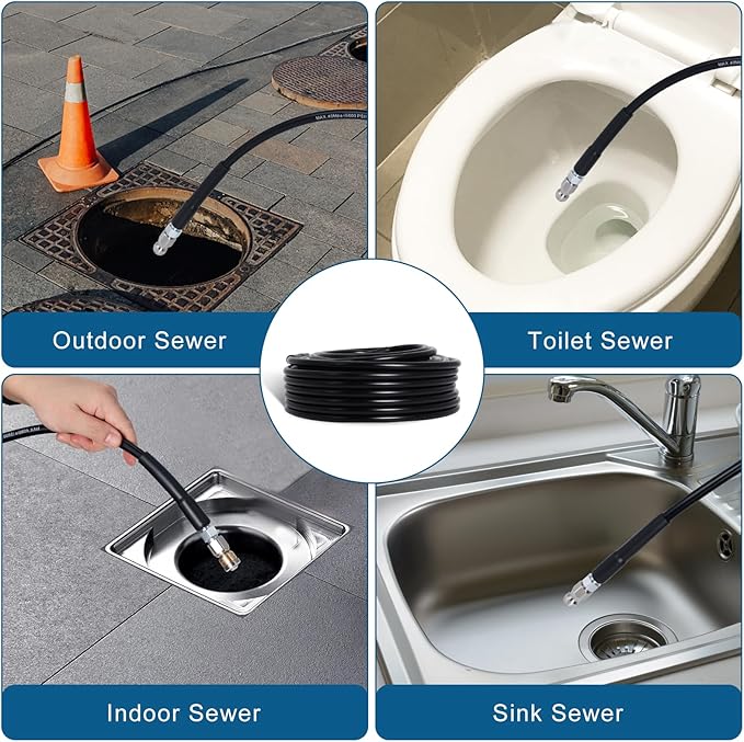 Zejoot 50FT Sewer Jetter Kit for Pressure Washer, 5800PSI Drain Cleaner Hose 1/4 Inch NPT Corner with 4 Sewer Jetting Nozzles，Waterproof Tape，Pearl Corsage Pin，Handle Strap & 2 Spanners (Black)