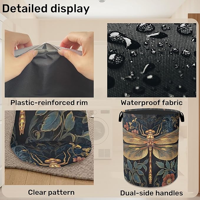 Retro Dragonfly Foldable Laundry Hamper - Waterproof Fabric Storage Basket with Handles, Clothes Hampers for Laundry,Bedroom,Dorm