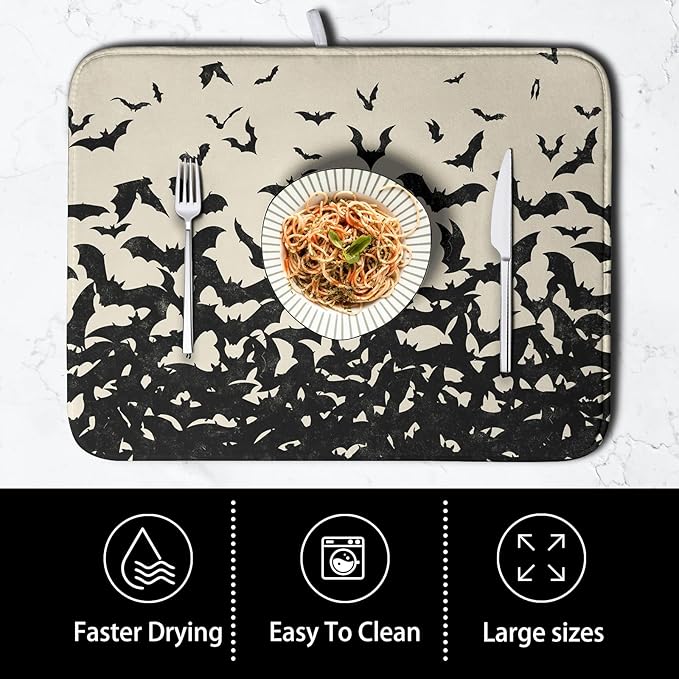 Kwlegh Halloween Bats Halloween Dish Drying Mat for Kitchen Counter 16x18 Inch Microfiber Absorbent Drying Mats Washable Dishes Drainer Mats Reusable Dish Rack Pad for Coffee Bar