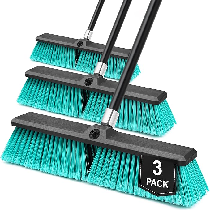 18” Push Broom Outdoor Heavy Duty 3 Pack, Large Commercial Stiff Bristle Brush with 63 inches Long Handle for Garage Shop Garden Yard Patio Deck Street Warehouse Lawn Driveway (Green)