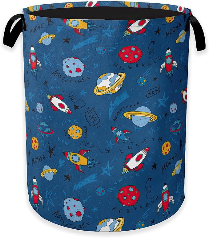Cartoon Planets Rockets Laundry Hamper,Out Space Clothes Hamper for Laundry,Waterproof Oxford Toy Storage Collapsible Hampers for Bedroom, Dorm Room,Bathroom,16x20 Inch