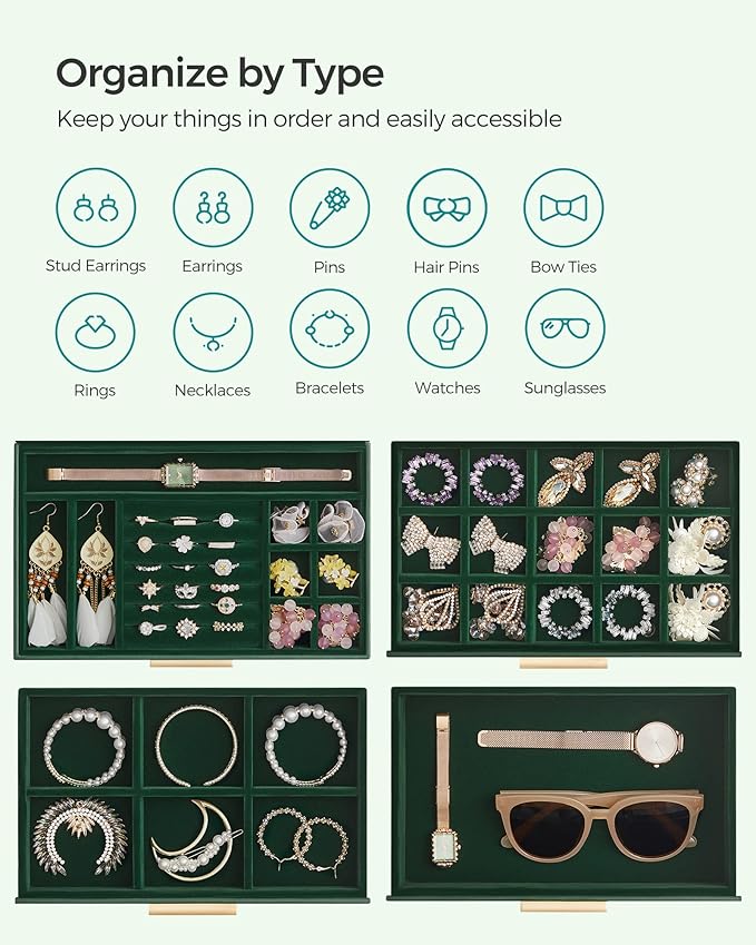 SONGMICS Jewelry Box Organizer with Glass Lid, 4-Layer Jewelry Storage, with 3 Drawers, Modern Style, 6 x 9.9 x 8.5 Inches, Forest Green and Gold Color UJBC161G01