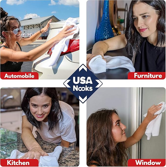 USANOOKS Microfiber Cleaning Cloth - White - 24Pcs (12.5x12.5 inch) High Performance - 1200 Washes, Ultra Absorbent Car Towel Traps Grime & Liquid for Streak-Free Mirror Shine - Car Washing Cloth