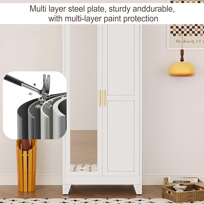 71" Metal Armoire Wardrobe Closet, Steel Clothing Storage Cabinet with Mirror and Adjustable Shelves, Household Steel Wardrobes Storage Cabinet with Adjustable Standing Feet and Hanging Rod（White）