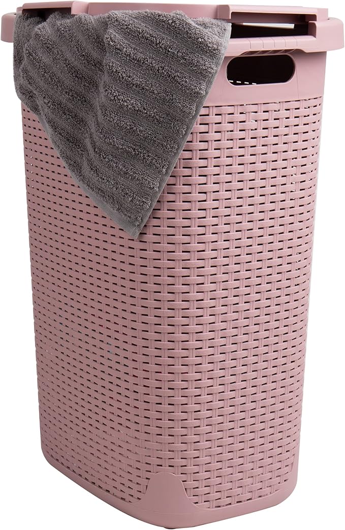 Mind Reader Slim Laundry Hamper with Lid, 60L Clothes Basket, Premium Wicker Design, Plastic, Pink
