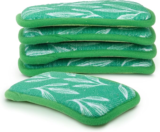 Simplified 5-Pack Scrub & Wipe 2-in-1 Dishwashing Sponges - Non-Abrasive Cleaning Sponges, Double-Sided - Safe for Dishes, Non-Stick Pans or Glassware, Absorbent Dish Sponges, Green Leaves