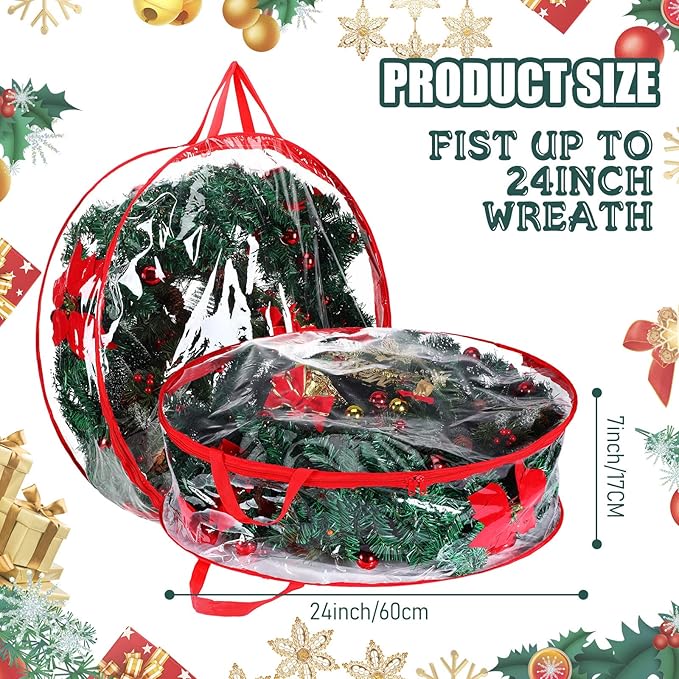 Shappy 4 Pieces Clear Christmas Wreath Storage Container 24 Inches Xmas Wreath Storage Bag Plastic Christmas Garland Container with Dual Zippers and Reinforced Handles for Xmas Seasonal (Red)