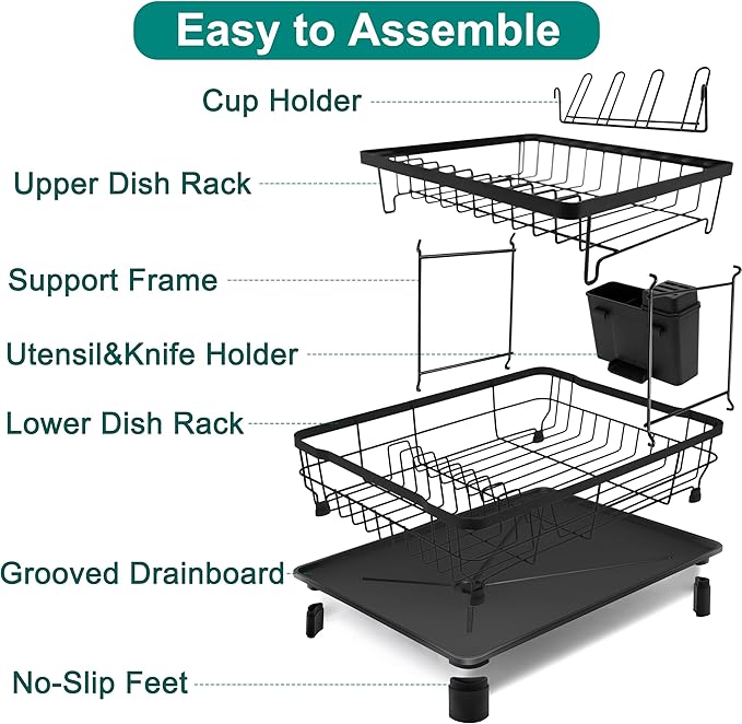 Goderewild 2-Tier Dish Drying Rack for Kitchen Counter,Space-Saving Dish Rack with Drainboard,Rustproof Countertop Dish Drainer with Utensil Holder for Sink,Black